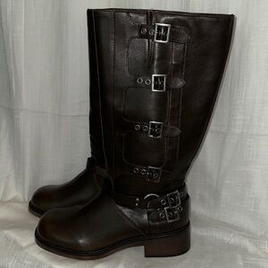 PLUS SIZE Chocolate Brown Leather Buckle Boots 13 W WIDE CALF